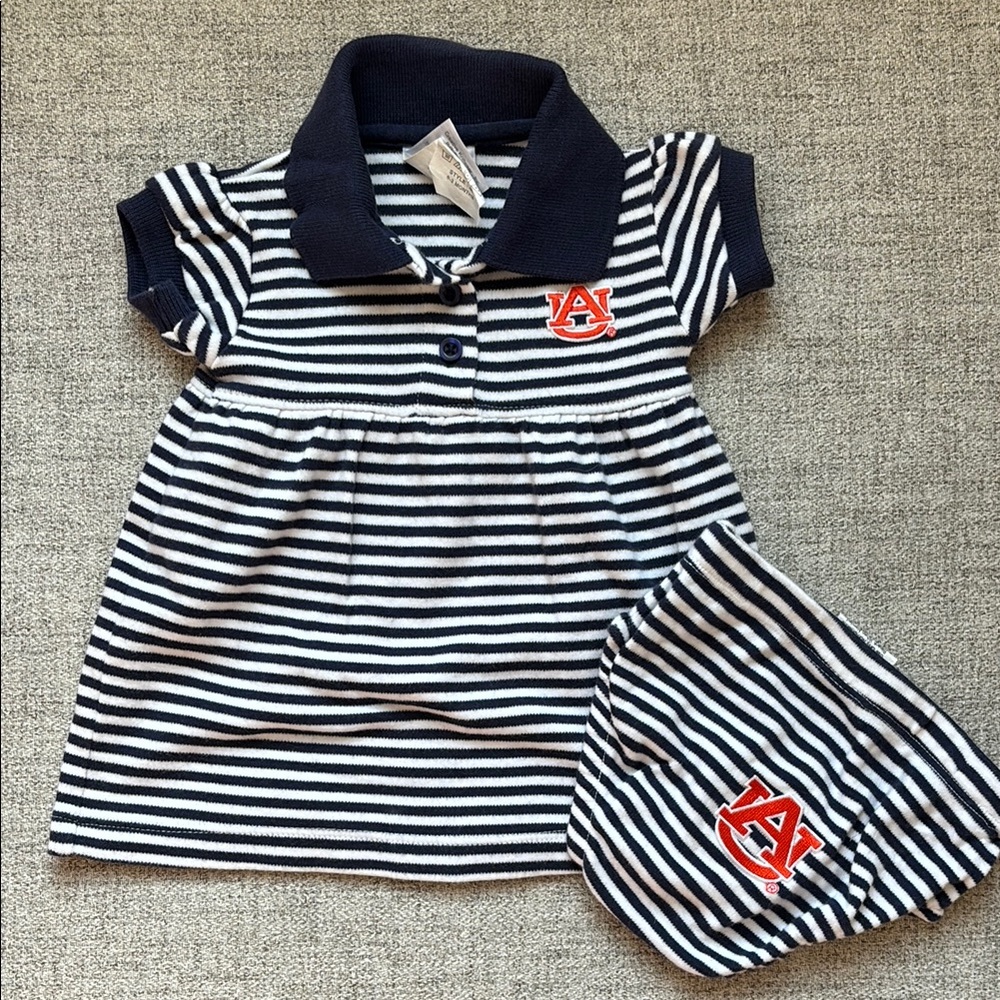 Auburn Striped Baby Dress and bloomer Set with Logo